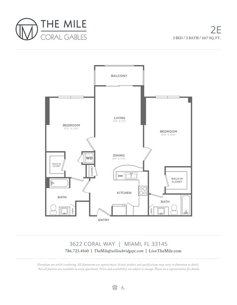 Floor plan for 2 beds, 2 baths, 1167 sqft
